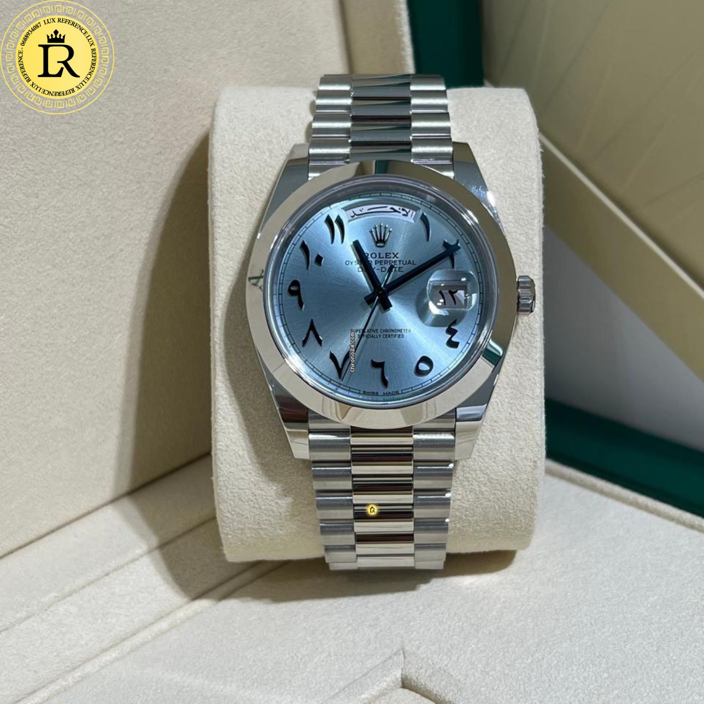 Rolex Day-Date 40 Platinum Ice Blue Dial – Arabic Eastern Numerals