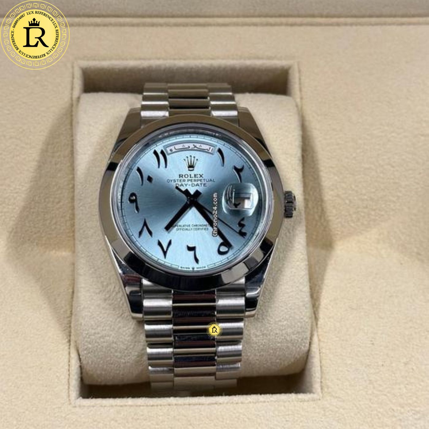 Rolex Day-Date 40 Platinum Ice Blue Dial – Arabic Eastern Numerals