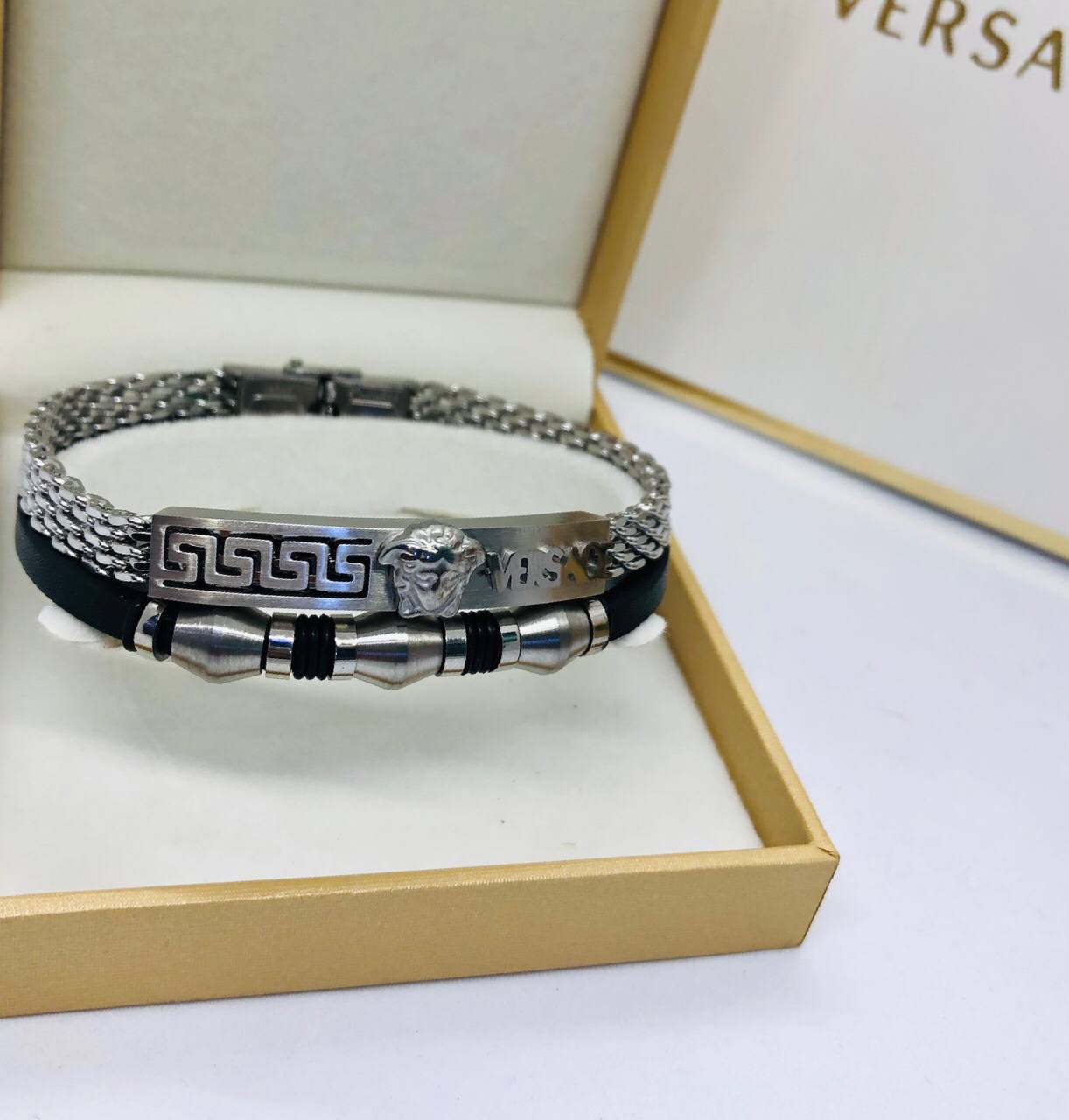 Bracelet homme acier/cuir VERSACE