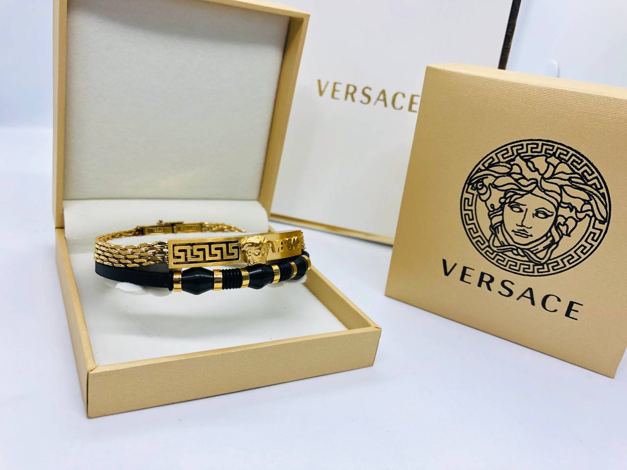 Bracelet homme acier/cuir VERSACE