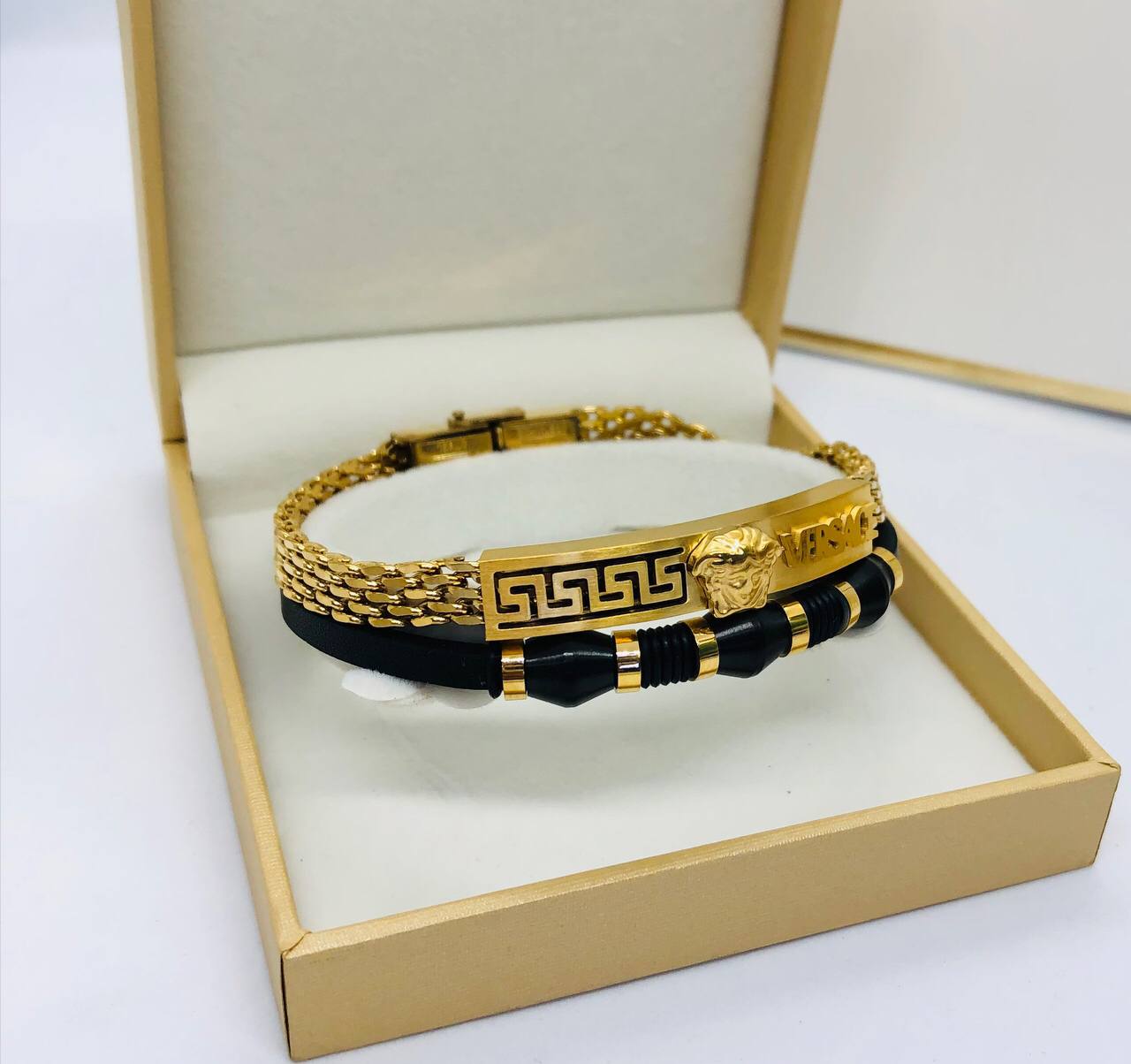 Bracelet homme acier/cuir VERSACE