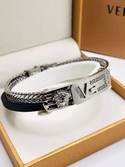 Bracelet homme cuir/acier VERSACE