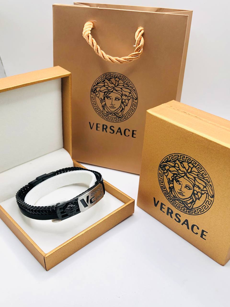 Bracelet homme cuir/acier VERSACE