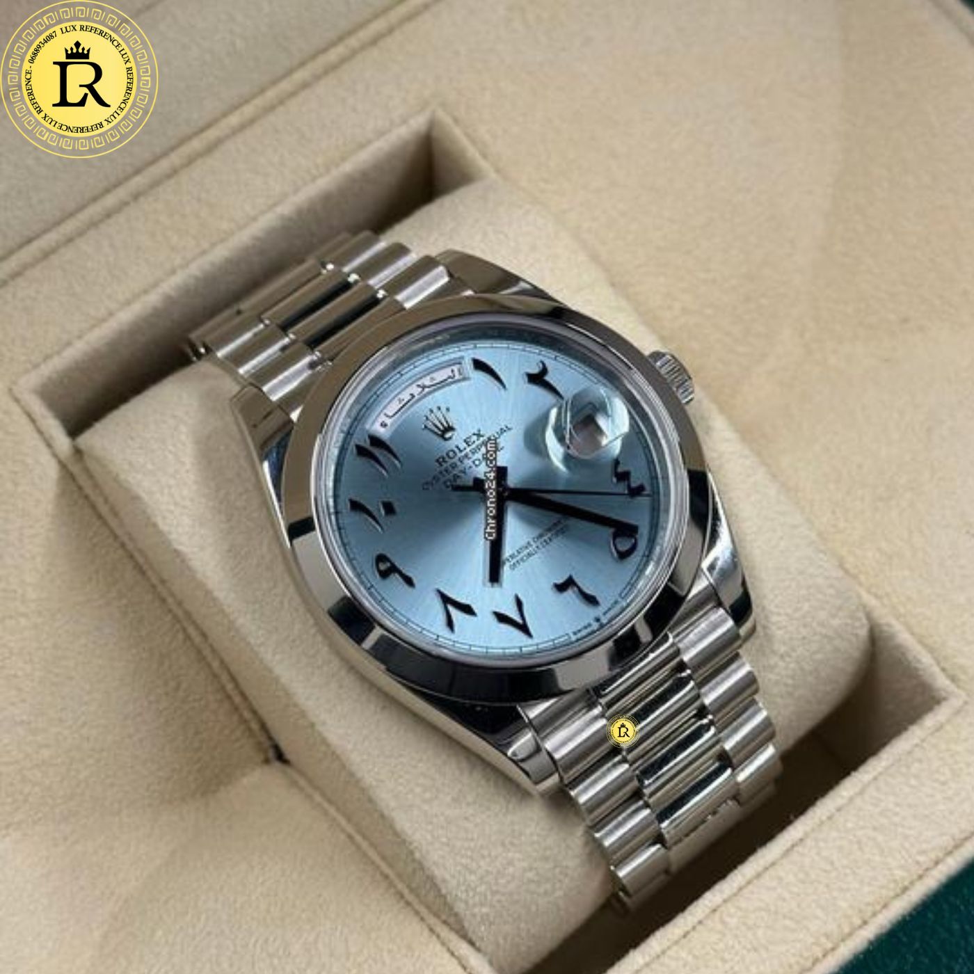 Rolex Day-Date 40 Platinum Ice Blue Dial – Arabic Eastern Numerals
